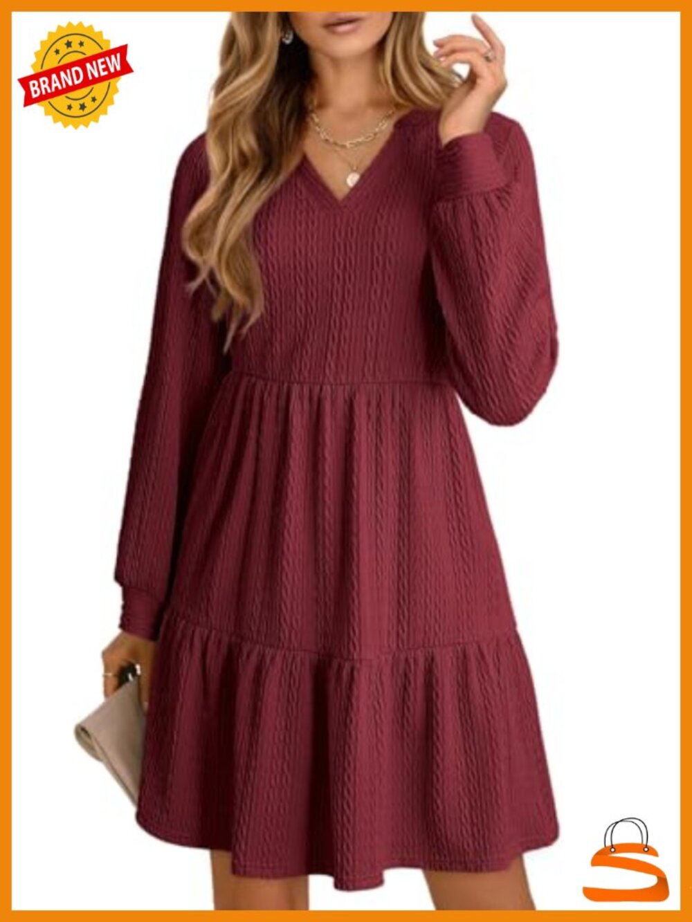 Long Sleeve V Neck Textured Babydoll Mini A-Line Dress